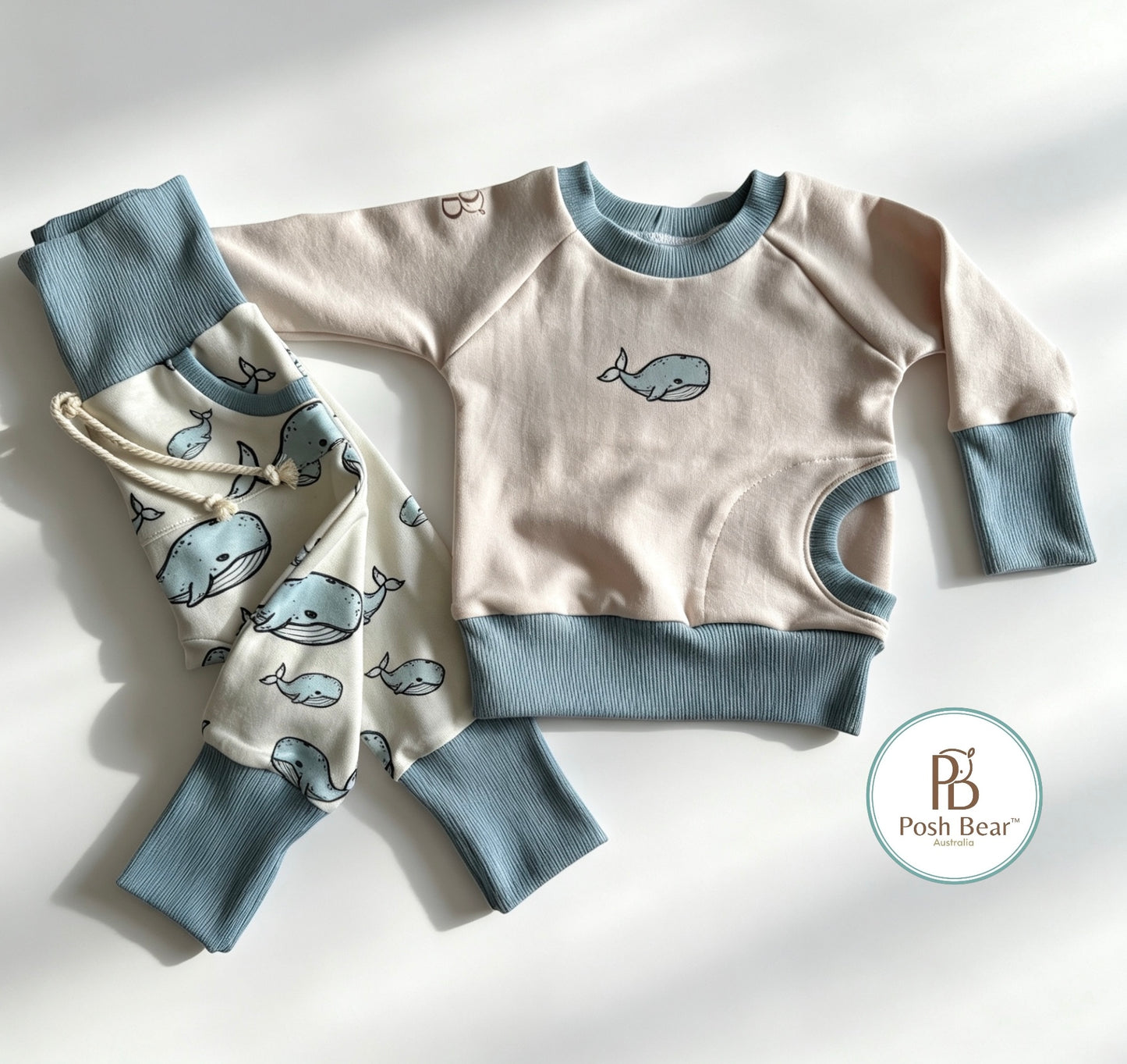 Handmade Organic Grow With Me Joggers with Kangaroo Pocket – Whale