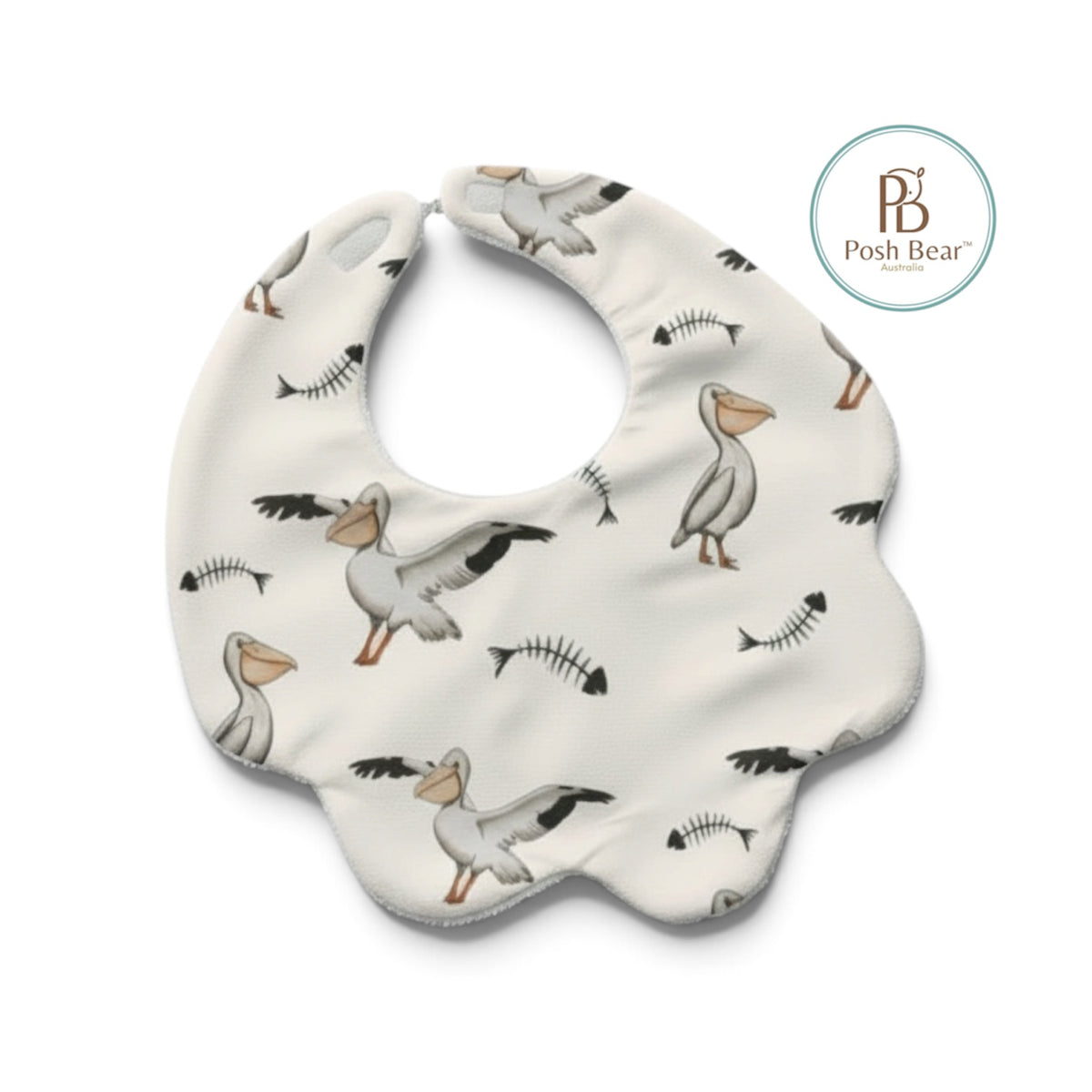 Organic Baby Scallop Bib – Pelican Print / White | Handmade in Australia – PREORDER