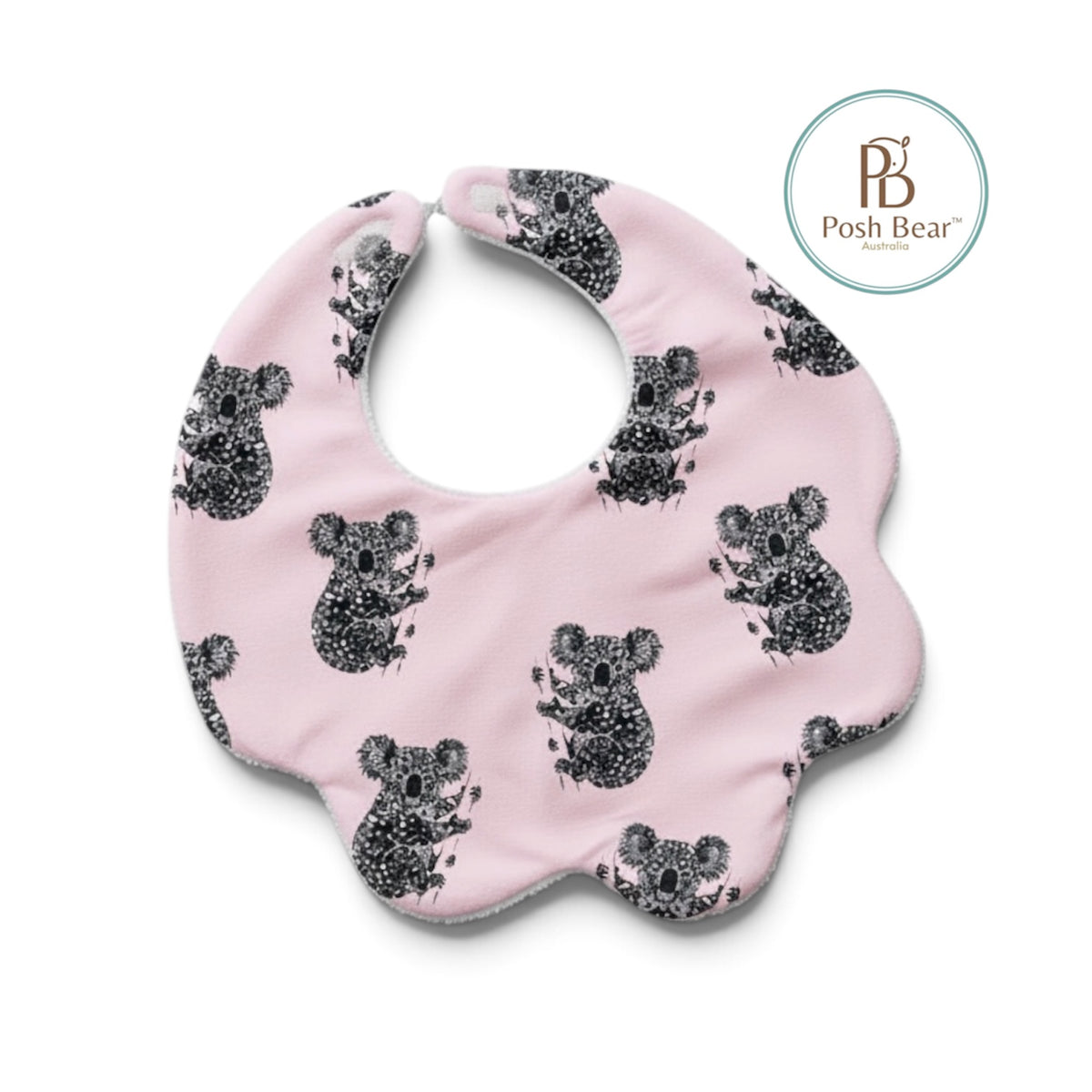 Organic Baby Scallop Bib – Koala Print / Pink | Handmade in Australia – PREORDER
