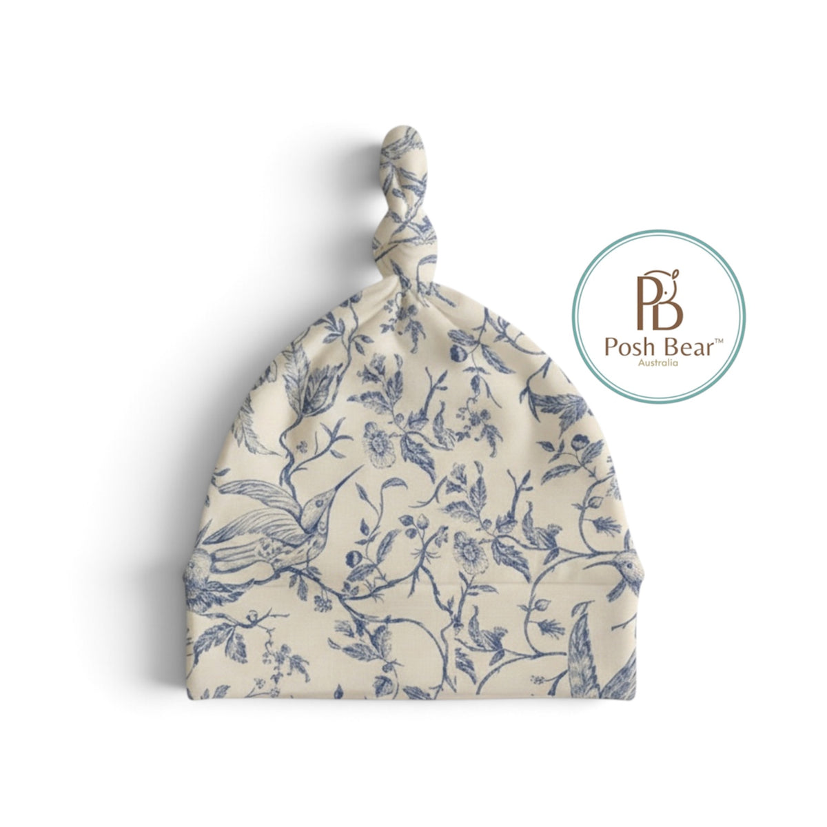 Organic Baby Knotted Beanie – Toile de Jouy Bird Print | Handmade in Australia – PREORDER
