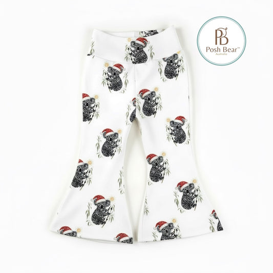 Handmade Organic Baby Flare Leggings – Christmas Koala Print | Handmade in Australia – PREORDER