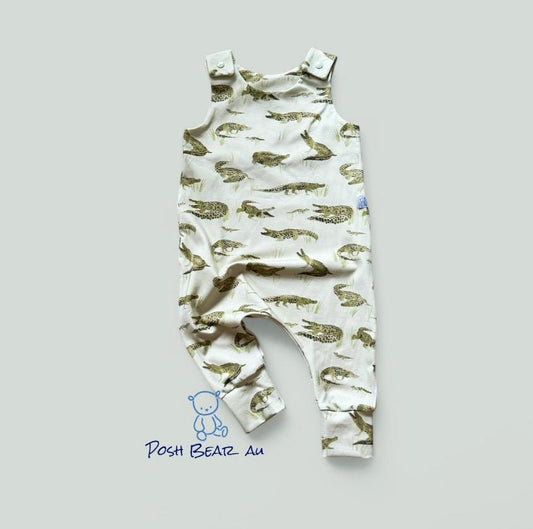 Handmade Organic baby Harem Romper / Crocodile