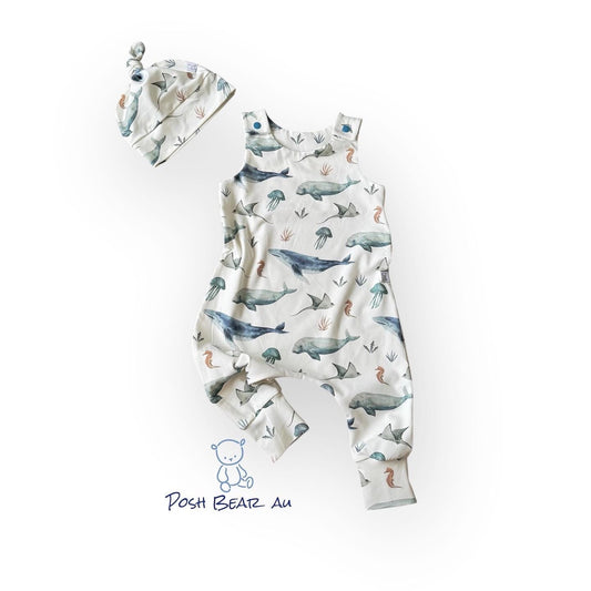 Handmade Organic baby Harem Romper / Deep Sea Life