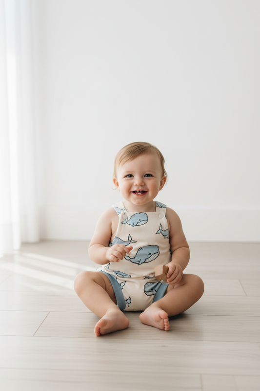 Whale romper toddler sitting