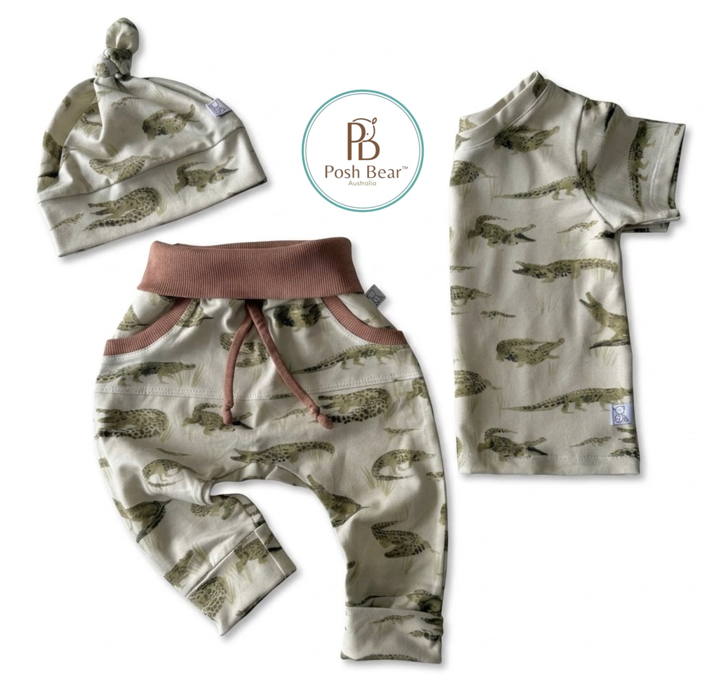Handmade Organic Grow With Me Joggers with Kangaroo Pocket – Crocodile