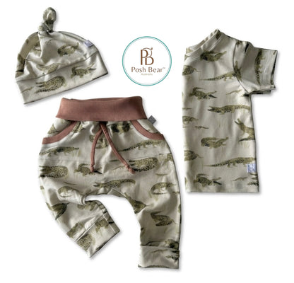 Handmade Organic Grow With Me Joggers with Kangaroo Pocket – Crocodile