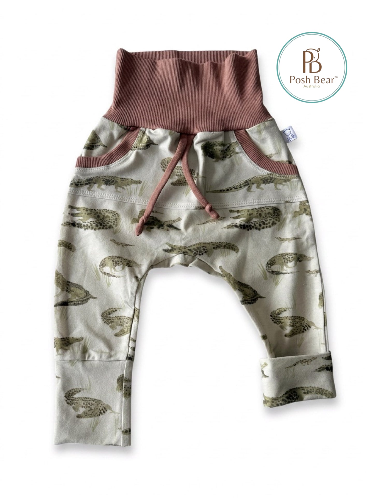 Handmade Organic Grow With Me Joggers with Kangaroo Pocket – Crocodile