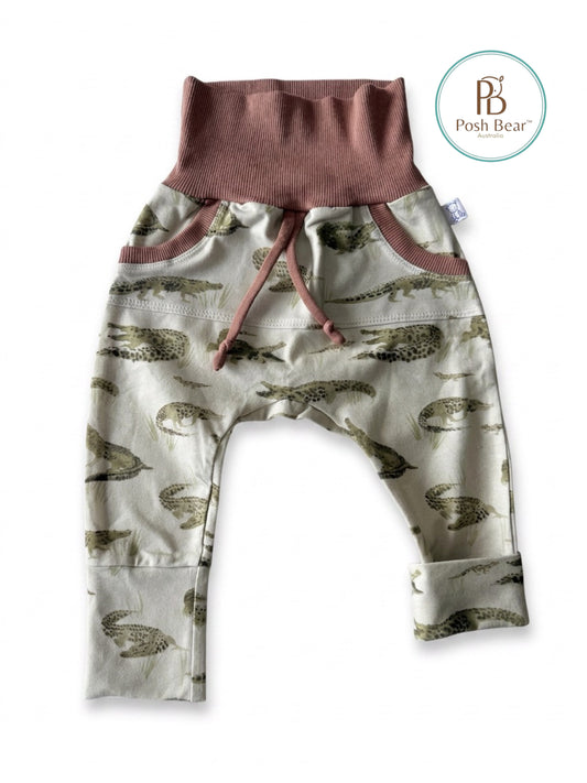 Handmade Organic Grow With Me Joggers with Kangaroo Pocket – Crocodile