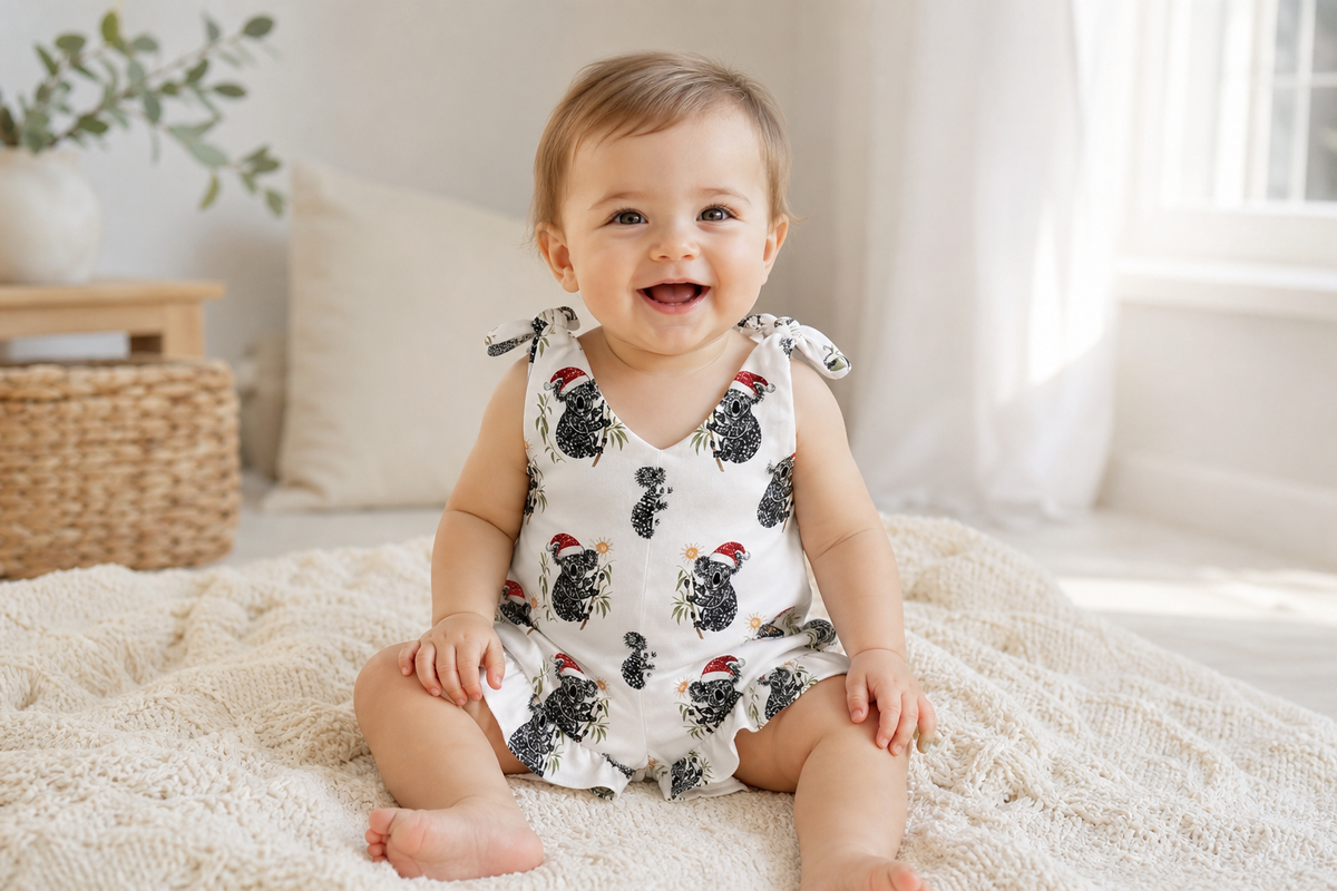 Handmade Organic Baby Summer Romper – Koala Christmas