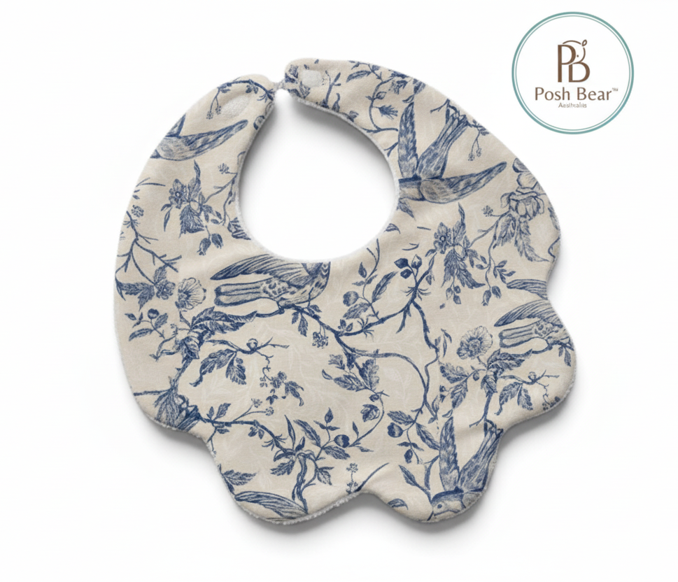 Organic Baby Scallop Bib – Toile de Jouy Bird Print | Handmade in Australia – PREORDER