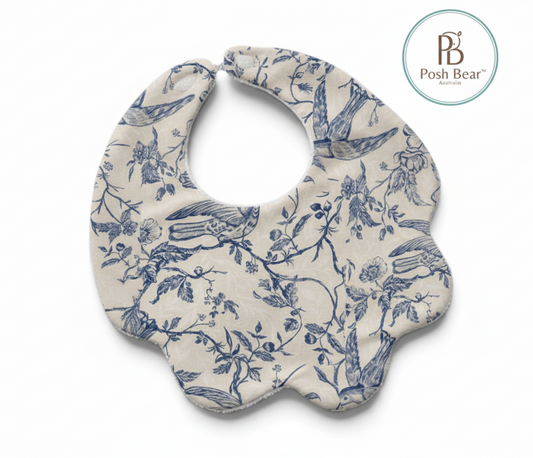 Organic Baby Scallop Bib – Toile de Jouy Bird Print | Handmade in Australia – PREORDER