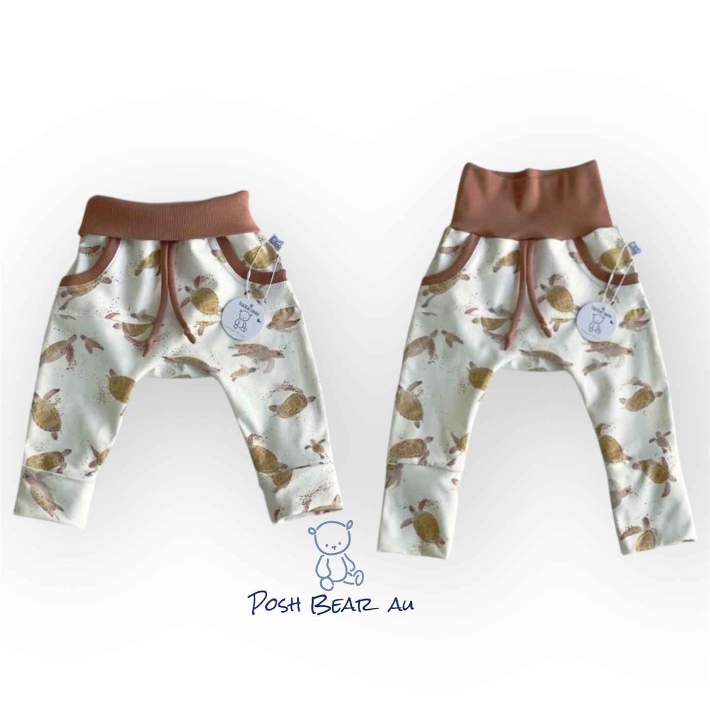 Handmade Organic Grow With Me Joggers with Kangaroo Pocket – Turtle
