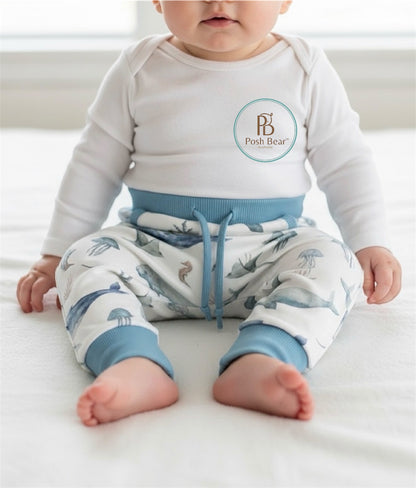 Handmade Organic Grow With Me Joggers with Kangaroo Pocket – Deep Sea Life