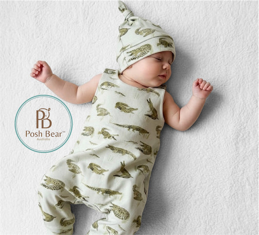 Handmade Organic baby Harem Romper / Crocodile