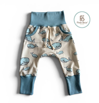 Handmade Organic Grow With Me Joggers with Kangaroo Pocket – Whale