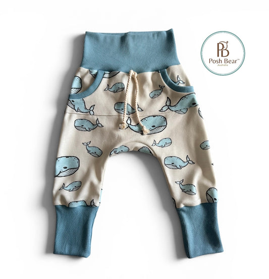 Handmade Organic Grow With Me Joggers with Kangaroo Pocket – Whale