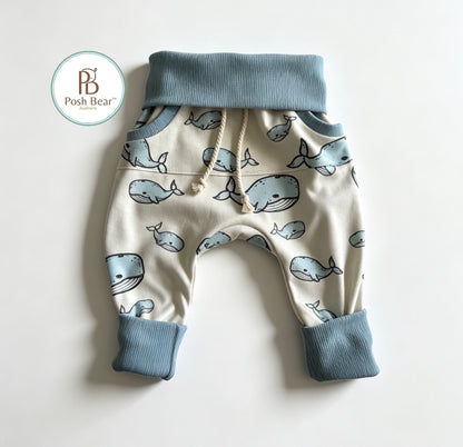 Handmade Organic Grow With Me Joggers with Kangaroo Pocket – Whale