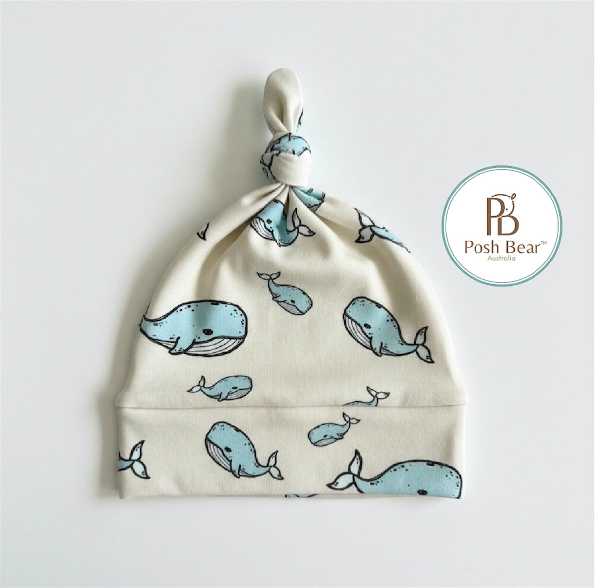 Organic Baby Knotted Beanie – Whale Print | Handmade in Australia – PREORDER