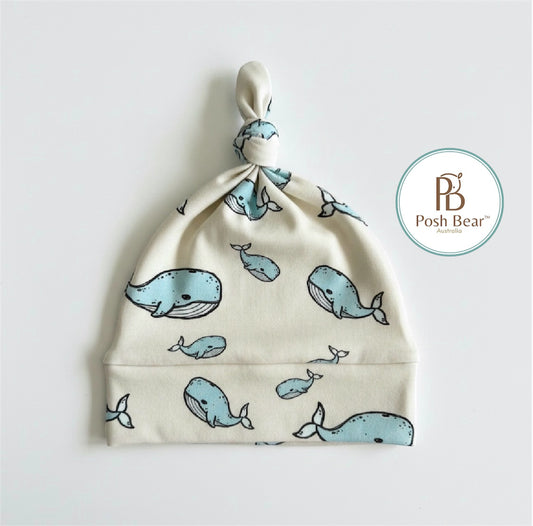 Organic Baby Knotted Beanie – Whale Print | Handmade in Australia – PREORDER