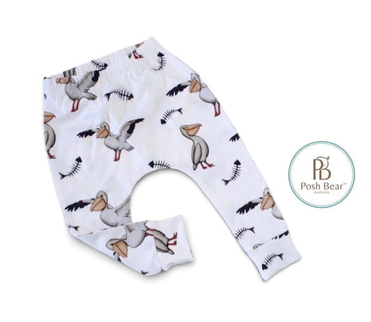 Handmade Organic Baby Slim Fit Harem Pants / Pelicans – PREORDER – White