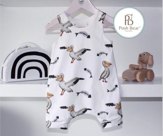 Handmade Organic Baby short Harem Romper / Pelicans – PREORDER – White