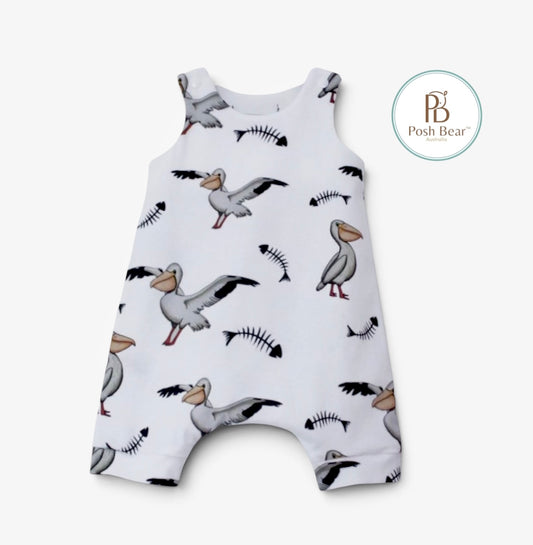Handmade Organic Baby short Harem Romper / Pelicans – PREORDER – White