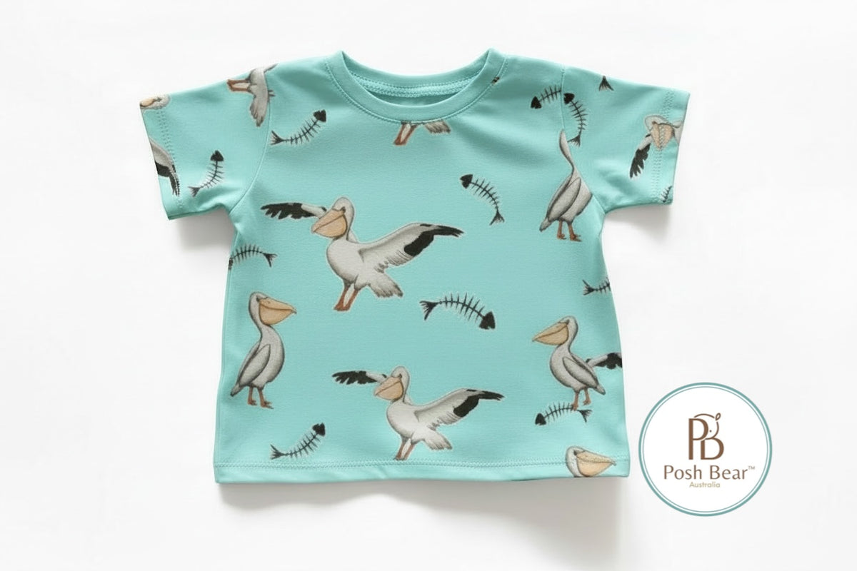 Organic Kids Baggy Fit Tee – Pelican Print / Turquoise | Handmade in Australia – PREORDER