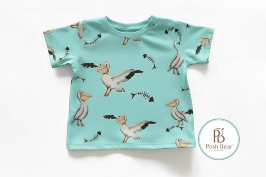 Organic Kids Baggy Fit Tee – Pelican Print / Turquoise | Handmade in Australia – PREORDER
