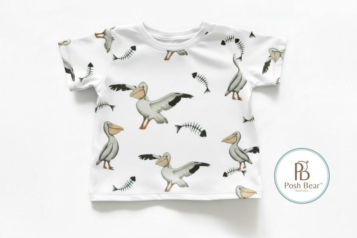 Organic Kids Baggy Fit Tee – Pelican Print / White | Handmade in Australia – PREORDER