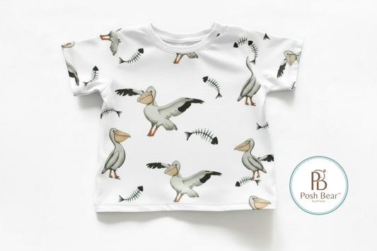 Organic Kids Baggy Fit Tee – Pelican Print / White | Handmade in Australia – PREORDER