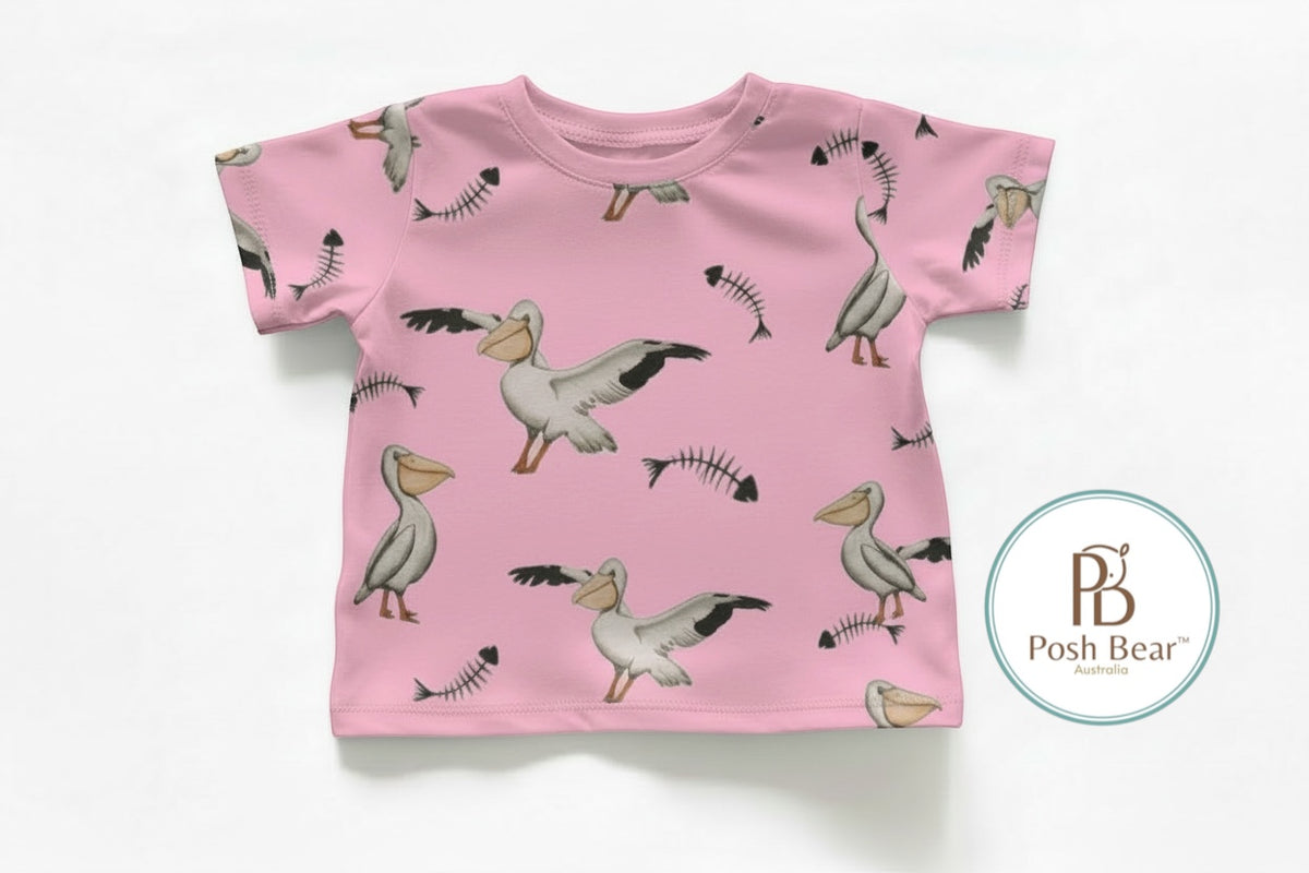 Organic Kids Baggy Fit Tee – Pelican Print / Pink | Handmade in Australia – PREORDER