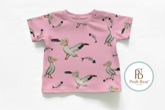 Organic Kids Baggy Fit Tee – Pelican Print / Pink | Handmade in Australia – PREORDER