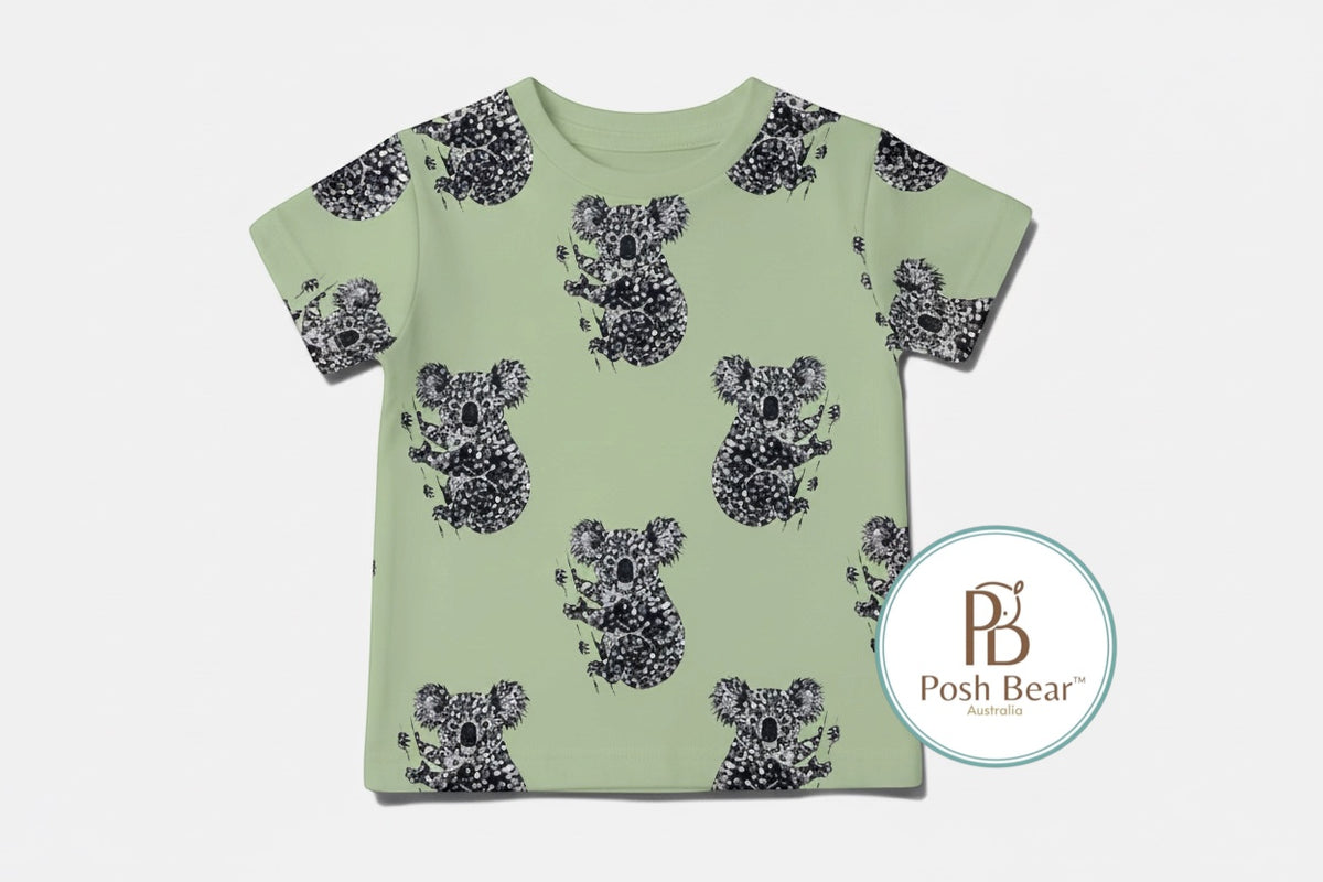 Organic Kids Baggy Fit Tee – Koala Print / Sage Green | Handmade in Australia – PREORDER