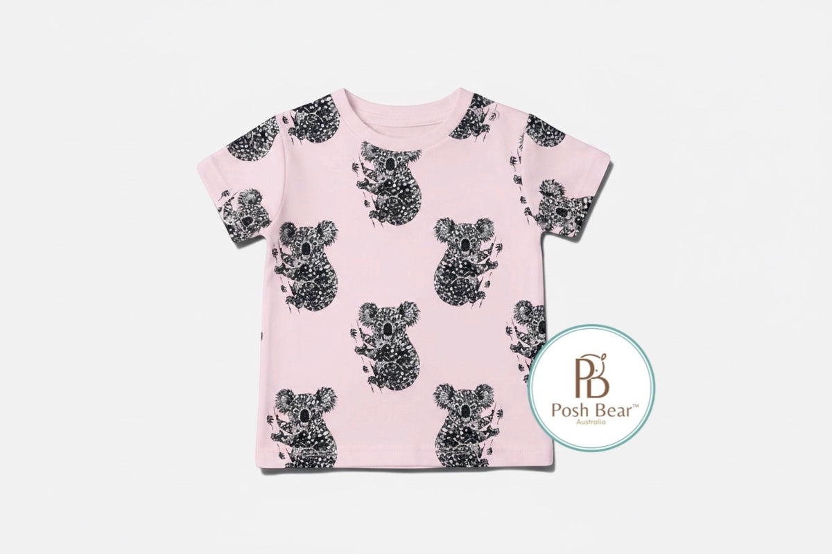 Organic Kids Baggy Fit Tee – Koala Print / Pink | Handmade in Australia – PREORDER