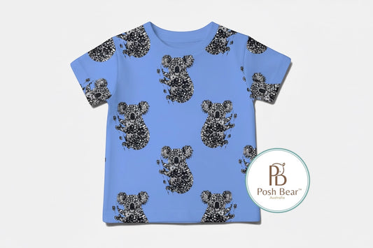 Organic Kids Baggy Fit Tee – Koala Print / Blue | Handmade in Australia – PREORDER