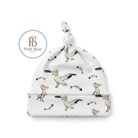 Organic Baby Knotted Beanie – Pelican Print / White | Handmade in Australia – PREORDER