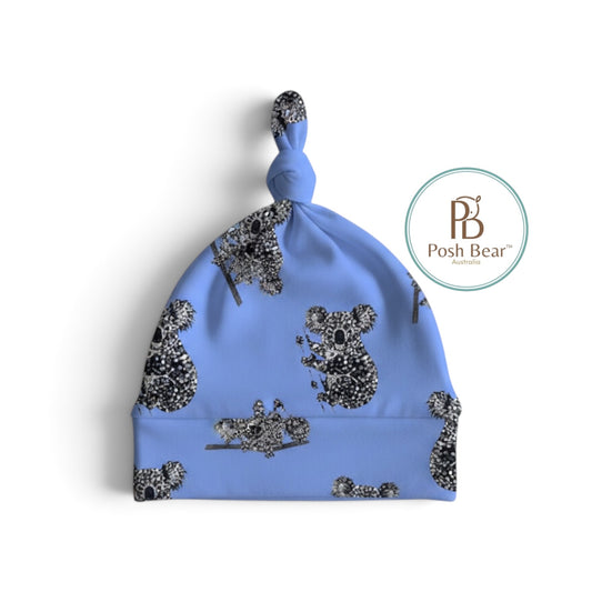 Organic Baby Knotted Beanie – Koala Print / Blue | Handmade in Australia – PREORDER
