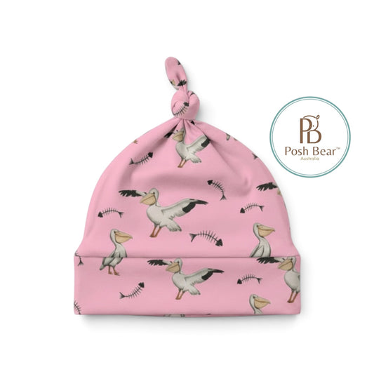 Organic Baby Knotted Beanie – Pelican Print / Pink | Handmade in Australia – PREORDER