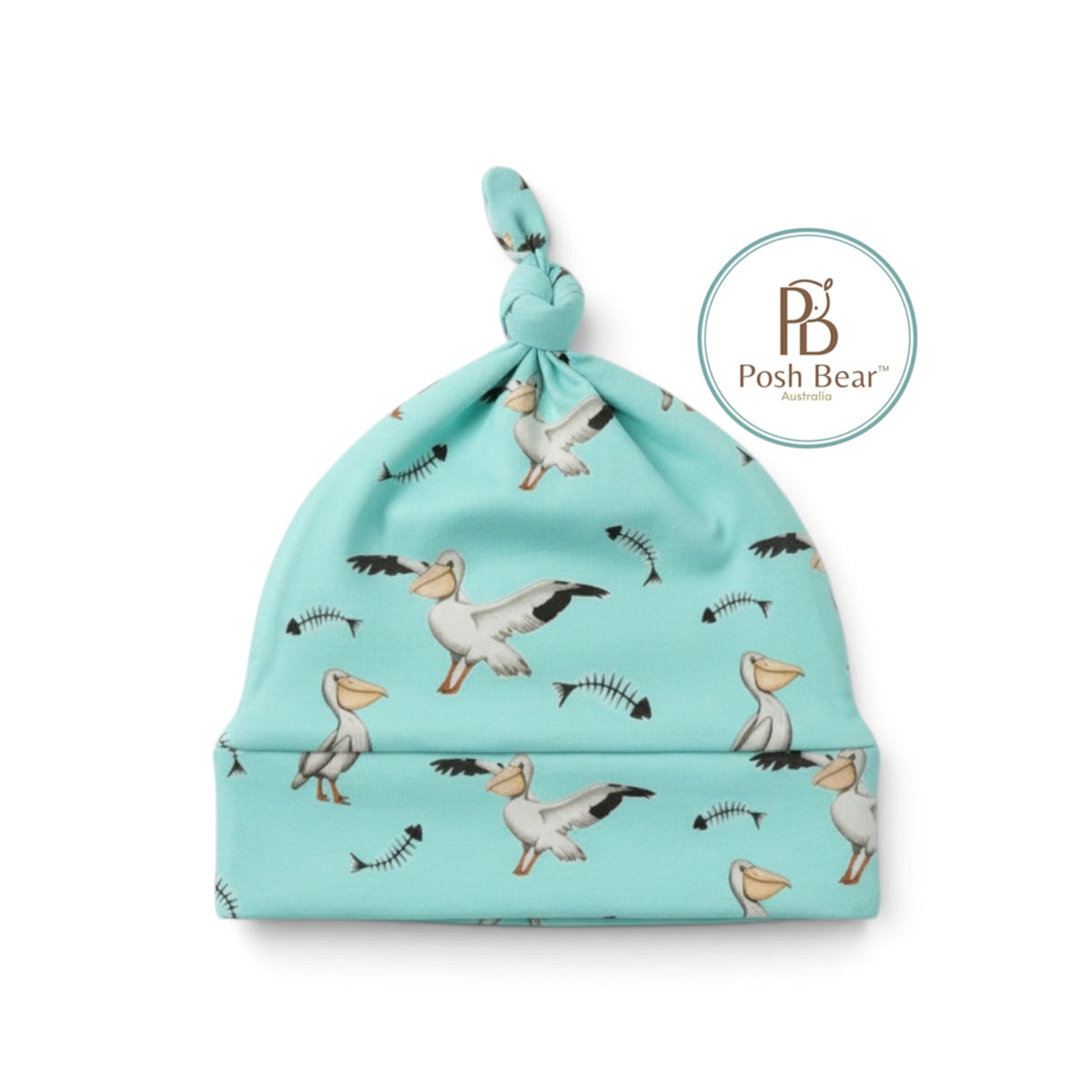 Organic Baby Knotted Beanie – Pelican Print / Turquoise | Handmade in Australia – PREORDER