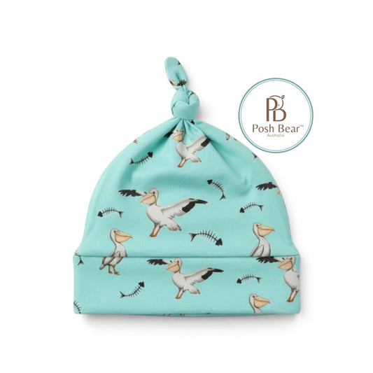 Organic Baby Knotted Beanie – Pelican Print / Turquoise | Handmade in Australia – PREORDER