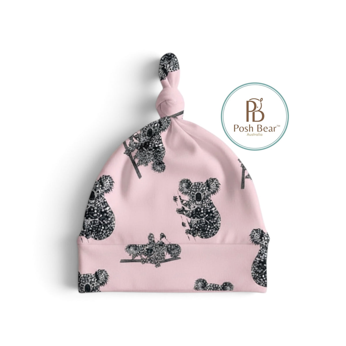 Organic Baby Knotted Beanie – Koala Print / Pink | Handmade in Australia – PREORDER