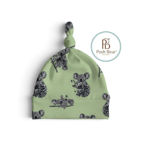 Organic Baby Knotted Beanie – Koala Print / Sage Green | Handmade in Australia – PREORDER