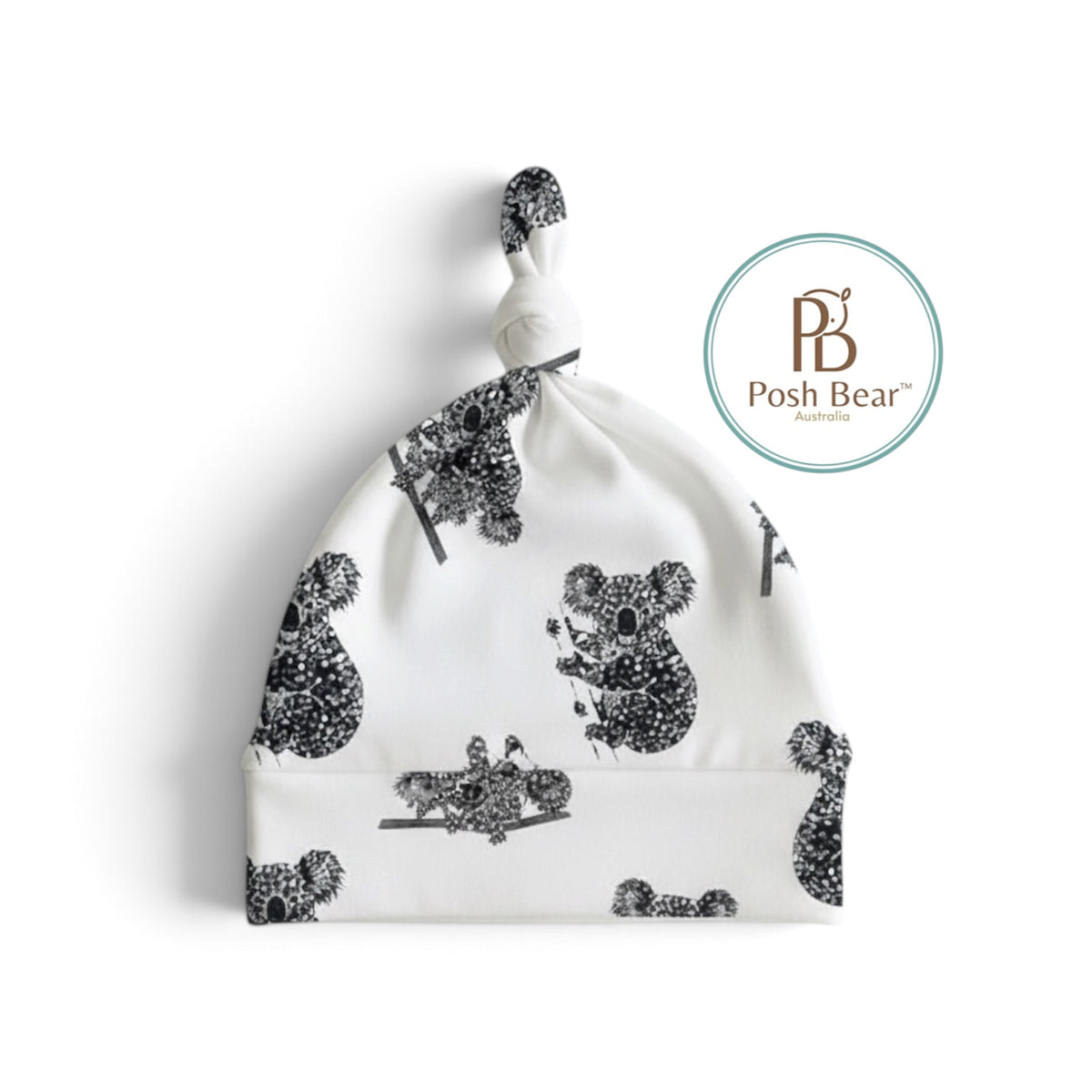 Organic Baby Knotted Beanie – Koala Print / White | Handmade in Australia – PREORDER