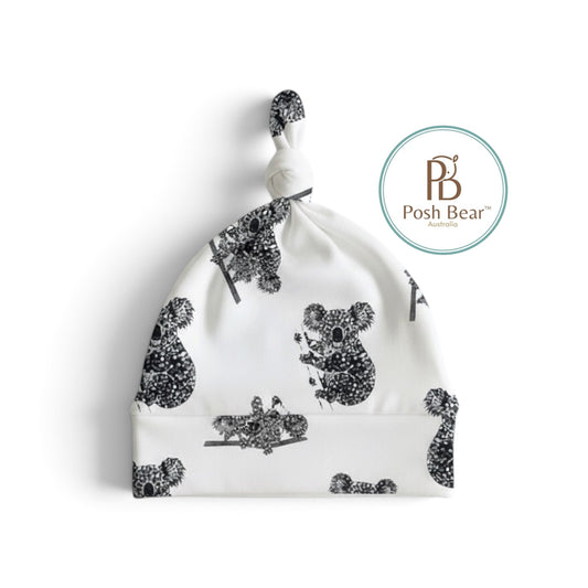 Organic Baby Knotted Beanie – Koala Print / White | Handmade in Australia – PREORDER
