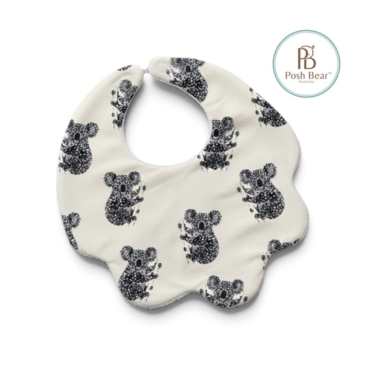 Organic Baby Scallop Bib – Koala Print / White | Handmade in Australia – PREORDER