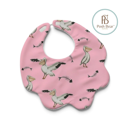 Organic Baby Scallop Bib – Pelican Print / Pink | Handmade in Australia – PREORDER