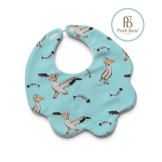 Organic Baby Scallop Bib – Pelican Print / Turquoise | Handmade in Australia – PREORDER