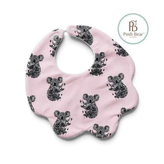 Organic Baby Scallop Bib – Koala Print / Pink | Handmade in Australia – PREORDER