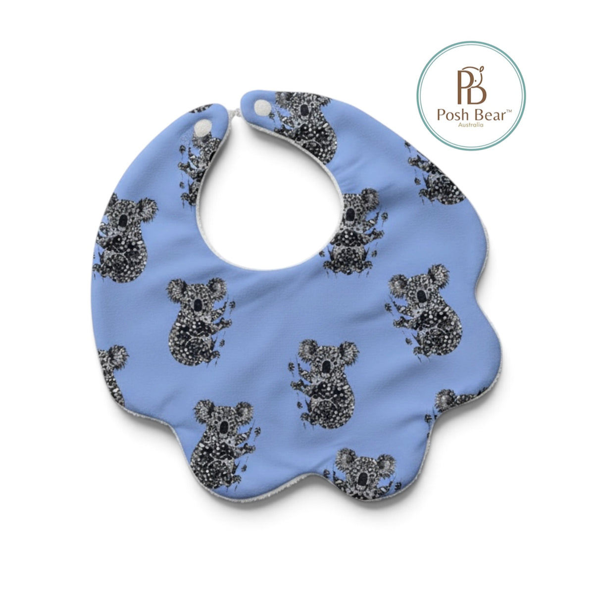 Organic Baby Scallop Bib – Koala Print / Blue | Handmade in Australia – PREORDER