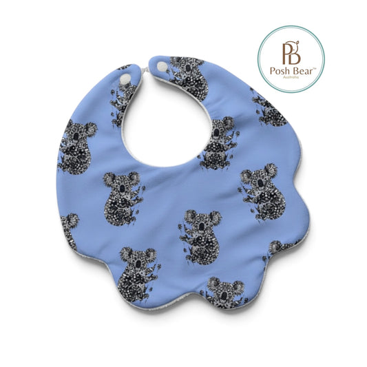 Organic Baby Scallop Bib – Koala Print / Blue | Handmade in Australia – PREORDER